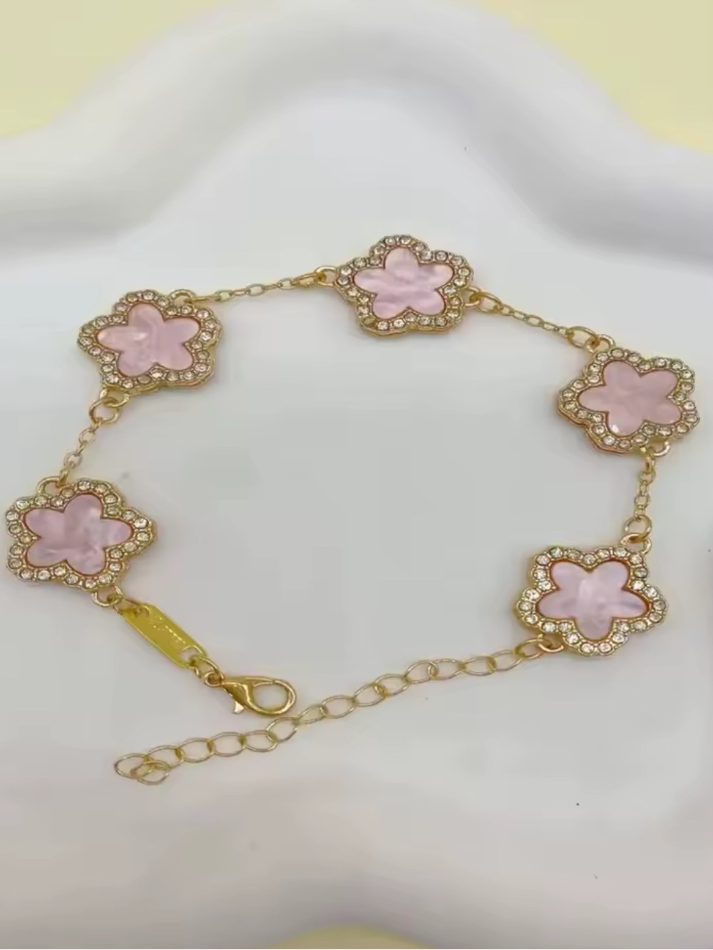 Gold-Tone Pink Flower Chain Bracelet with Crystal Accents